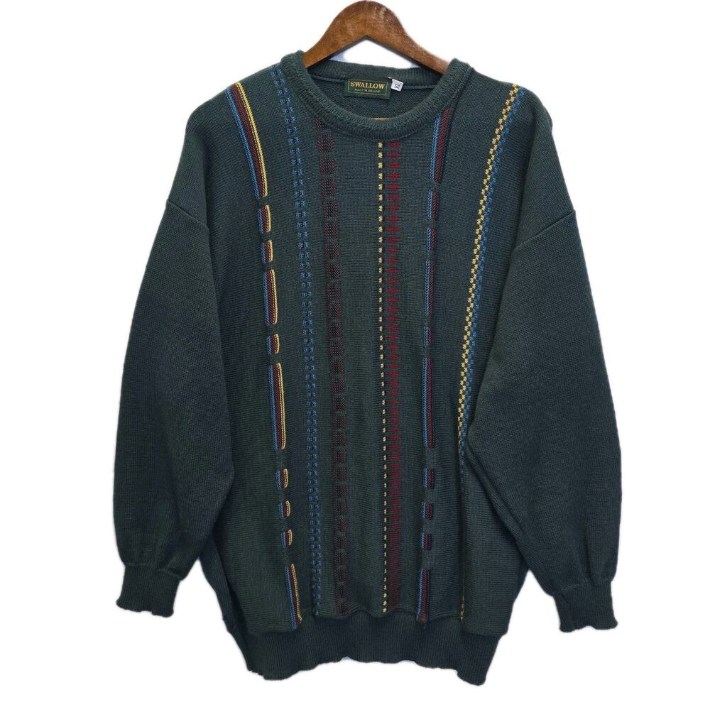 Vtg 90s Swallow Coogi Style 3D Knit Sweater XL Wool Blend Ireland Grandpacore